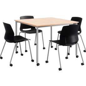42" Square Table With 4 Chairs, Natural Table w/ Black Poly Chairs