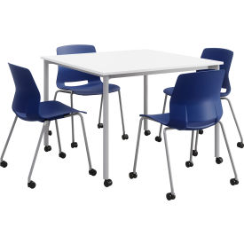 42" Square Table on Casters With 4 Chairs, Steel Frame White Table w/ Navy Poly Chairs