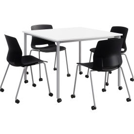 42" Square Table on Casters With 4 Chairs, Steel Frame White Table w/ Black Poly Chairs
