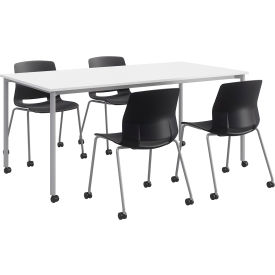 Steel Frame White Table on Casters 72"W x 36"D x 31-3/4"H with 4 Black Poly Chairs
