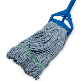 4-Ply Cotton Blend Looped End Mop w/ 1" Green Band, Medium, Blue, Pack of 12