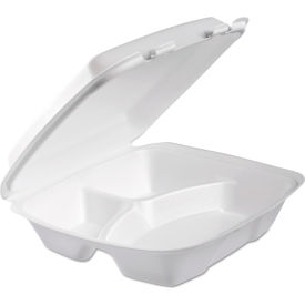 Foam Container with 3 Compartments and Perforated Lid, 9-3/8"L x 9"W x 3"H, White, Pack of 200