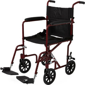 Basic Aluminum Transport Wheelchair, w/ Detachable Footrests, 18"W Seat, Red Frame