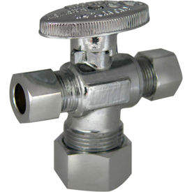 1/4 Turn Dual Outlet Stop, Chrome, 5/8" OD Comp x 3/8" OD Comp x 3/8" OD Comp
