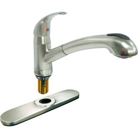 Single Lever Kitchen Faucet with Pull Out Spray, Removable Deck Plate, Satin Nickel