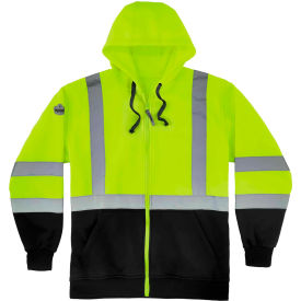 Hi-Vis Hooded Sweatshirt, Black Bottom, Full Zip, Class 3, 4XL, Lime