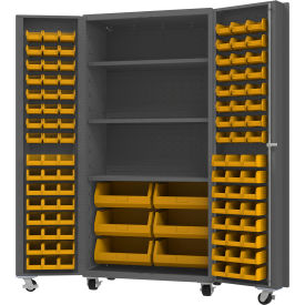 Mobile HD Cabinet with 3 Shelves & 102 Yellow Bins, 14 Ga, 36"W x 24"D x 76"H