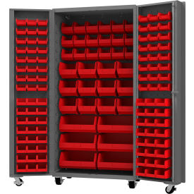 Mobile Heavy Duty Cabinet w/ 132 Red Bins, 14 Gauge, 36"W x 24"D x 76"H