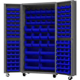 Mobile Heavy Duty Cabinet w/ 132 Blue Bins, 14 Gauge, 36"W x 24"D x 76"H