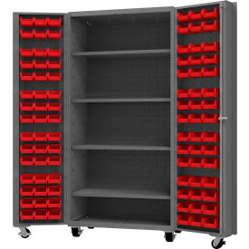 Mobile Heavy Duty Cabinet with 4 Shelves & 96 Red Bins, 14 Ga., 36"W x 24"D x 76"H