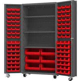 Mobile Heavy Duty Cabinet with 3 Shelves & 102 Red Bins, 14 Ga., 36"W x 24"D x 76"H