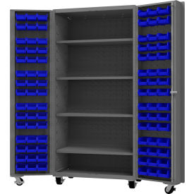 Mobile Heavy Duty Cabinet with 4 Shelves & 96 Blue Bins, 14 Ga., 36"W x 24"D x 76"H