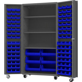 Mobile Heavy Duty Cabinet with 3 Shelves & 102 Blue Bins, 14 Ga., 36"W x 24"D x 76"H