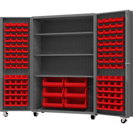 Mobile Heavy Duty Cabinet with 3 Shelves & 126 Red Bins, 14 Gauge, 48" W x 24" D x 76" H