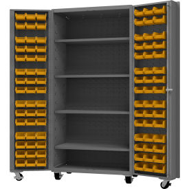 Mobile Heavy Duty Cabinet with 4 Shelves & 96 Yellow Bins, 14 Ga, 36"W x 24"D x 76"H