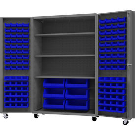 Mobile Heavy Duty Cabinet with 3 Shelves & 126 Blue Bins, 14 Ga., 48"W x 24"D x 76"H