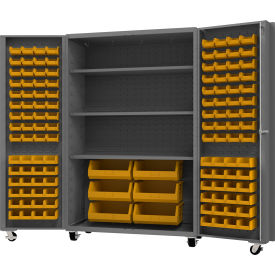 Mobile HD Cabinet with 3 Shelves & 126 Yellow Bins, 14 Ga., 48"W x 24"D x 76"H