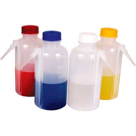 Wash Bottle w/ Unitary Colored Caps, LDPE, 500ml Capacity, Clear, Pack of 4