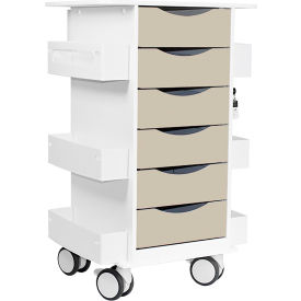 Core 6D Cart with Beige Drawers, 14-3/8"L x 19-1/2"W x 27-3/4"H, White