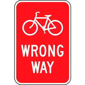 Wrong Way Bicycle Traffic Safety Sign, EGP Aluminum, 18" x 12", White/Red