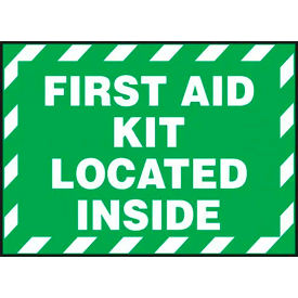 First Aid Kit Located Inside Sign, Adhesive Vinyl, 3-1/2" x 5", White/Green, Pack of 5