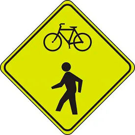 Bicycle/Pedestrian Crossing Sign, Aluminum, 30" x 30", Black/Fluorescent Yellow/Green