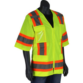 Contoured Surveyors Vest w/ Solid Front & Mesh Back, Class 3, Size L, Hi-Vis Yellow