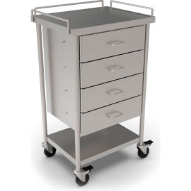 Stainless Steel Mobile Utility Table, 20 x 16", Undershelf, Guardrail & 4 Drawers