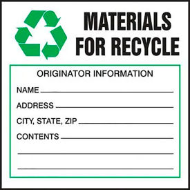 Materials For Recycle Label w/ Sign, Adhesive Coated Paper, 4" x 4", Pack of 25