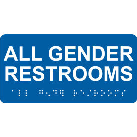 ADA Braille Sign, All Gender Restrooms, 6"W x 3"H, Blue