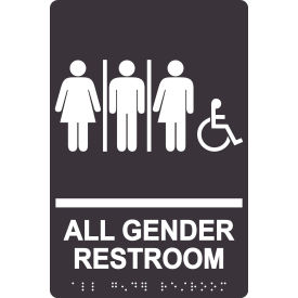 ADA Braille Sign, All Gender Restroom with 3 Symbols & Wheelchair Access, 6"W x 9"H, Black