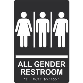 ADA Braille Sign, All Gender Restroom with 3 Symbols, 6"W x 9"H, Black