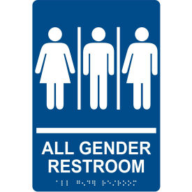 ADA Braille Sign, All Gender Restroom with 3 Symbols, 6"W x 9"H, Blue