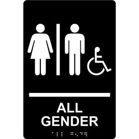 ADA Braille Sign, All Gender with 2 Symbols & Wheelchair Access, 6"W x 9"H, Black