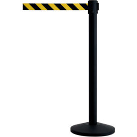 QueueWay Economy Retractable Belt Barrier, 7-1/2' Black/Yellow Belt, 40" Black Steel Post