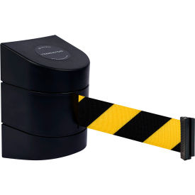 Wall Mount Retractable Belt Barrier, 24' Black/Yellow Belt, Black Case