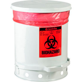 Round Biohazard Waste Can, Steel, 10 Gallon Capacity, White