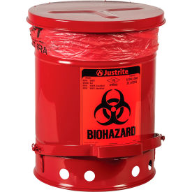 Round Biohazard Waste Can, Steel, 6 Gallon Capacity, Red