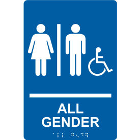 ADA Braille Sign, All Gender with 2 Symbols & Wheelchair Access, 6"W x 9"H, Blue