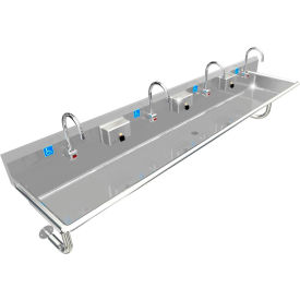 ADA SS Sink, 4 Station with Electronic Faucet, Round Tubes, 96"L x 20"W x 6"D Sink