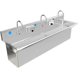 ADA SS Sink, 3 Station with Plumbing Skirt & Electronic Faucet, 72"L x 20"W x 6"D Sink