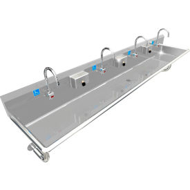ADA SS Sink, 4 Station with Electronic Faucet, Round Tubes, 100"L x 20"W x 6"D Sink