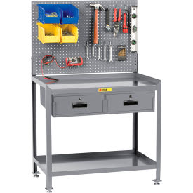 Workbench, 36 x 24", Pegboard Panel & 2 Drawers, Steel Square Edge