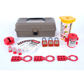 Lockout/Tagout Toolbox Kit with 32 Components, 13"W x 5"D x 6-1/2"H, Red/Yellow/Gray