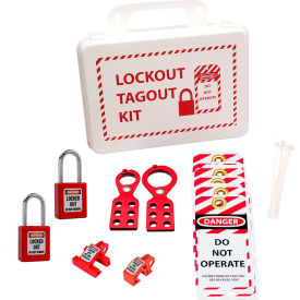 Lockout Tagout Case Kit with 17 Components, 9-1/2"W x 3"D x 6-1/2"H, Red/White