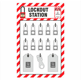 Lockout Shadow Board, 10 Padlock Capacity, 15"W x 3/16"D x 23-1/2"H, Red