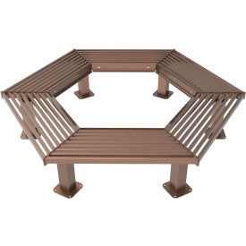 9' Hexagon Tree Bench, In-Ground Mount, Brown