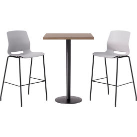 30" Square Table with 2 Imme Armless Barstools, Light Gray Seat/Studio Teak Top