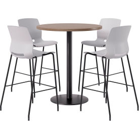 36" Round Table with 4 Imme Armless Barstools, Light Gray Seat/Studio Teak Top