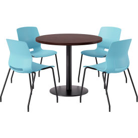 36" Round Table with 4 Armless Chairs, Sky Blue Seat/Espresso Top